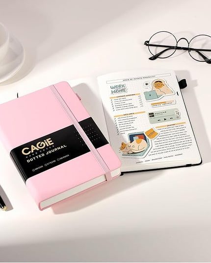 CAGIE Bullet Dotted Journal Notebook 320 Pages 100 GSM Paper Hardcover A5 Dot Grid Notebook Leather Journals for Writing Women Men Work Journaling, Pink