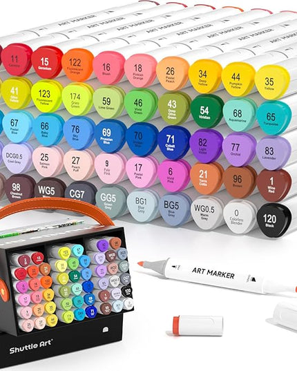 Shuttle Art 51 Colors Alcohol Markers, 50 Colors Dual Tip Art Marker Set Plus 1 Colorless Blender with Marker Case Perfect for Illustration Students Adult Coloring Sketching