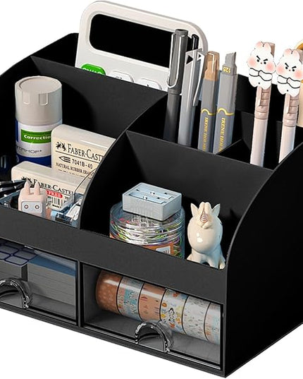 Desk Organizer with 6 Compartments and 2 Drawers, Plastic Makeup Organizer, Pen Holder for Desktop Storage, Desk Organization for School, Home, Office Supplies (Black)