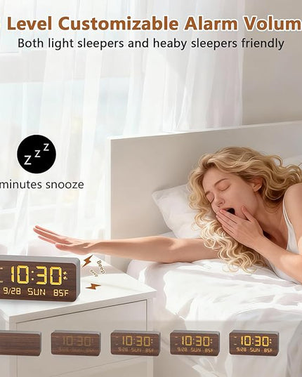 Fomobest Wooden Digital Alarm Clock for Bedroom - Desk Clock with Date, Day of Week, Temperature, Dual Alarms, Dimmer, USB Port Charge, DST, Adjustable Volume for Living Room/Office Wood Decor (Brown)