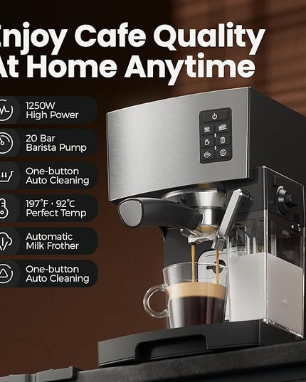 Espresso Machine 20 Bar - Espresso & Coffee Maker with Automatic Milk Frother, Cappuccino Machine, Latte Maker for Home, office, 1250W