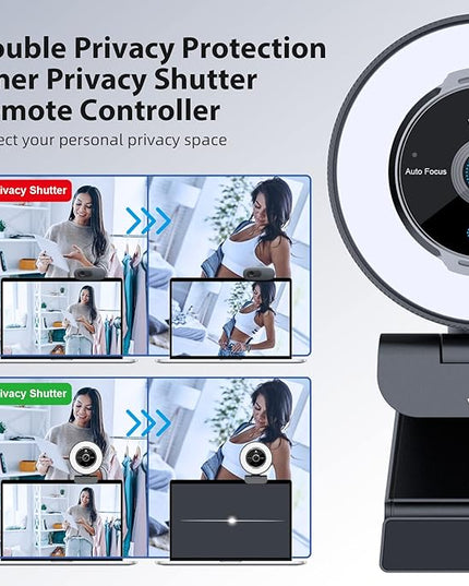 Zoomable Webcam with Remote Control, 1080P 60FPS Streaming Webcam with Adjustable Ring Light and Tripod, Pro USB 5X Digital Zoom Webcam for Zoom/Skype Teams/Laptop/Mac Windows