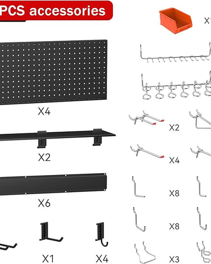 Ultrawall Black Pegboard Wall Organizer, 48X 36 inch for Garage Storage with Hooks, Storage Bins, Tool Panel Organizer, 72pcs