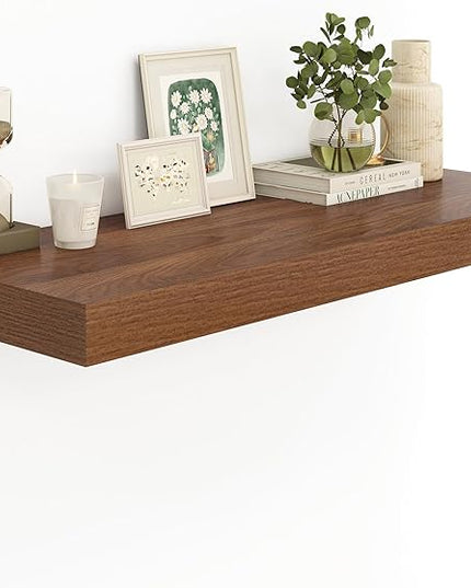 Heimlove Walnut Bathroom Shelf Floating Shelves for Over Toilet Long Wall Mounted Modern Farmhouse,48 x 12 with Invisible Brackets for Living Room, Kitchen, Bedroom