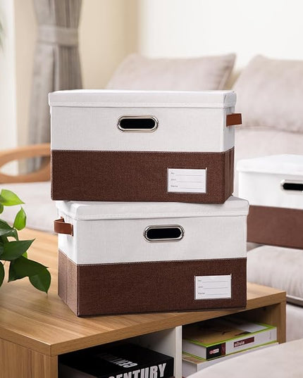 PRANDOM Foldable Storage Bins with Lids [3-Pack] Fabric Collapsible Storage Boxes Baskets Cubes Containers with Handles for Closet Living Room Bedroom (Brown & White 14.9x9.8x9.8'')