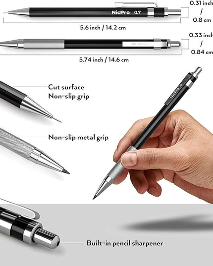 Nicpro 29PCS Black Metal Mechanical Pencil Set in Leather Case, 0.3, 0.5, 0.7, 0.9 & 2mm Lead Pencil Holder, (6B 4B 2B HB 2H 4H) Lead Refills (Black & Colors), Eraser For Art Drafting Sketching