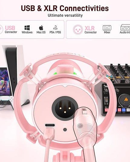 MAONO XLR/USB Dynamic Microphone Kit, RGB Gaming Mic with Software, Mute, Gain Knob, Volume Control, Boom Arm for Streaming, Podcasting, Voice-Over, Recording-PD200XS Pink