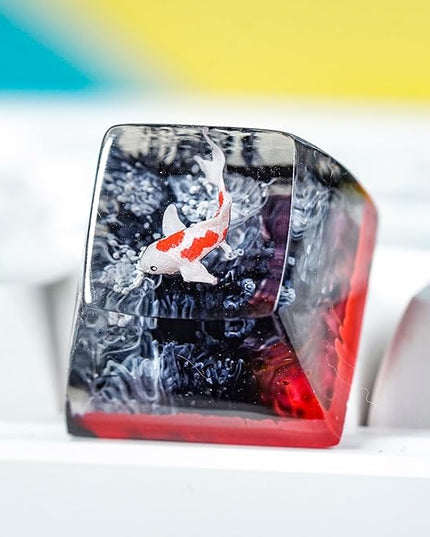 Koi Fish Artisan Keycap Red Black Coral Reef R1 SA Profile Custom Keycaps 1U ESC Handmade Gaming Resin Key Cap Cherry MX Switch Compatible Mechanical Keyboard Koi Lover Gift