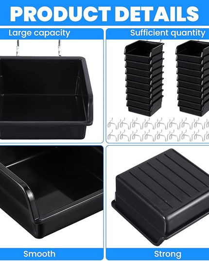 20 Pack Pegboard Bins With Metal Hooks, Black Pegboard Storage Bins, Pegboard Containers For Peg Board Organizing Accessories, Peg Board Organizer Bins For Garage, Workshop, Craft Room, Tool Shed
