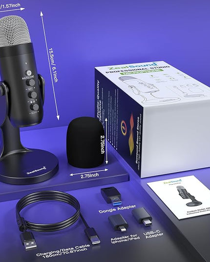 ZealSound Wireless Microphone,USB Mic for iPhone PC iPad Android Phone-Cordless Condenser Desktop Microphones with Mute Echo Monitor Volume Gain 2.4GHz for Podcast,ASMR,Gaming,YouTube Video/K66 Black
