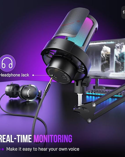 FIFINE USB Gaming Microphone Kit, PC Streaming Mic with RGB Lights, Mute, Gain Knob, Metal Boom Arm for Recording Podcast, Condenser Computer Microphone Set Compatible with PS4/PS5-AmpliGame A8T