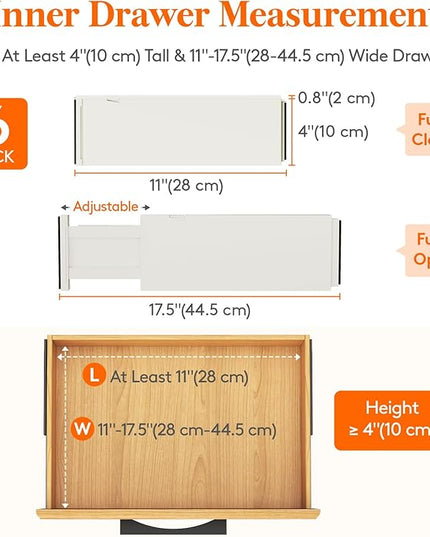 Lifewit 6 Pack Drawer Dividers 4" High, 11-17" Adjustable Drawer Organizers for Clothes, Expandable Dresser Separators in Bedroom/Bathroom/Kitchen/Fridge/Office Organization and Storage, Beige