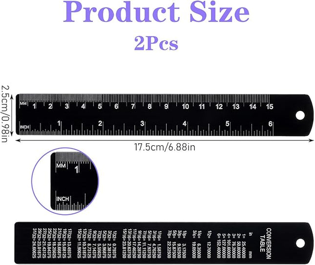 2Pcs Metal Ruler with Centimeters, 6Inch Stainless Steel Ruler Set, Millimeters, Inches and Metric Conversion Chart, Great for School, Offices, Mechanics and Draftsmen