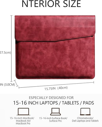 Leather Laptop Sleeve Compatible with MacBook Pro 16 Inch M4 M3 M2 M1 Pro/Max＆MacBook Air 15 Inch M4 M3 M2, Genuine Leather Protective Case Cover,Red