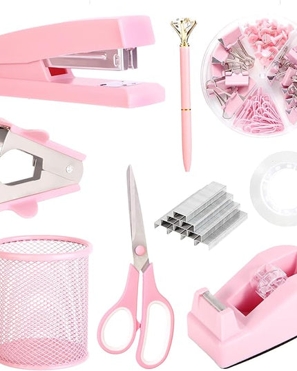 Pink Desk Accessories, Pink Office Supplies Set with Stapler, Tape Dispenser, Staple Remover, Pen Holder, Scissor, Binder/Paper Clips, Ballpoint Pen, Clear Tape and 1000pcs Staples