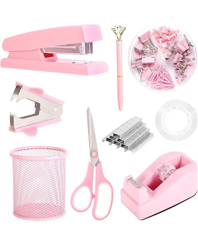 Pink Desk Accessories, Pink Office Supplies Set with Stapler, Tape Dispenser, Staple Remover, Pen Holder, Scissor, Binder/Paper Clips, Ballpoint Pen, Clear Tape and 1000pcs Staples