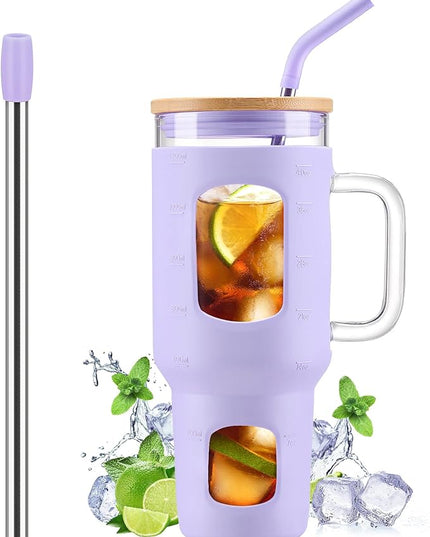 Glass Tumbler with Straw and Lid, 40 oz glass cup with handle, Glass Water Bottles with Time Marker, Silicone Protective Sleeve-Purple