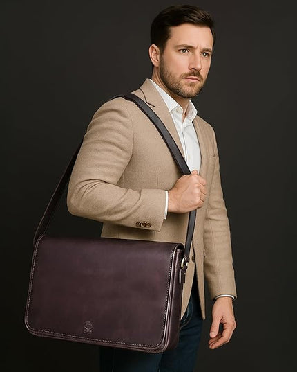 Leather Messenger Bag for Men 16" Full Grain Leather Laptop Bag Vintage Crossbody Office Satchel Travel Shoulder Bag