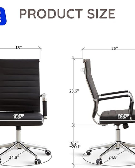 Livinia Modern Executive Office Desk Chair, Chrome & Leather Conference Room Swivel Chairs with Ribbed High Back, Adjustable Height, Removable Armrest, and Wheels for Home Office (Black(Chrome))