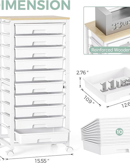 Rolling Cart with Drawers,10 Drawer Rolling Cart,Rolling storage cart with drawers,White Rolling Drawer Cart,Teacher Rolling Cart for Classroom Storage,Craft Cart with Wooden Tabletop