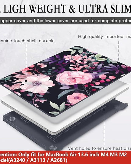 CISSOOK Compatible with MacBook Air 13.6 inch Case 2025 2024 2022 Release Model A3240 A3113 A2681, Flower Plastic Hard Shell Case Black Cover for MacBook Air 13 inch M2 M3 M4 - Pink Flowers