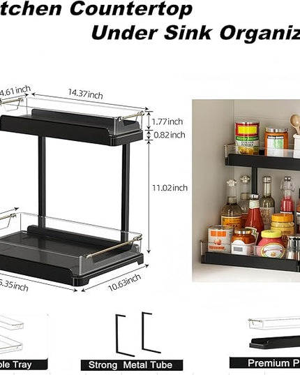 heart & home 1-Pack Under Sink Storage Organizer for Kitchen & Bathroom Cabinets with Removable Washable Tray, Tool-Free Assembly – Multi-Purpose for Kitchen Countertop, Vanity, & Laundry Room，Black