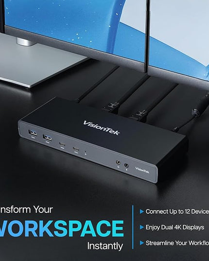 VisionTek VT4500 12in1 Docking Station Dual Monitor 4K – x2 HDMI, x2 DisplayPort, 60W USB-C PD, x4 USB-A 3.0, x2 5Gbps USB-C, 3.5mm Audio Jack, & Ethernet – Compatible with Laptop, PC, and MacBook