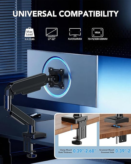 Single Monitor Arm, Monitor Mount for 17-32 inch Screens Gas Spring Adjustable Monitor Stand, Vesa Mount with Clamp and Grommet Aluminum Base - Fits 4.4 to 22lbs LCD Computer Monitors AX09DB01