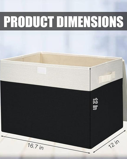 Large 17" 42 Quarts Collapsible Stackable Storage Bins with Lids [3-Pack] Foldable Fabric Linen Storage Boxes Cube, Closet Organizer Baskets with Label for Home (16.7 x 12 x 12", Black & White)