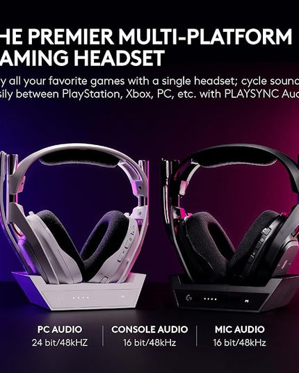 Logitech G Astro A50 Multi-Platform Wireless Gaming Headset + Base Station for PS5/Xbox/PC: PLAYSYNC Audio Switcher, <16bit/48kHz (Console), <24bit/48kHz (PC), 24hr Battery, 2.4GHz & BT - White