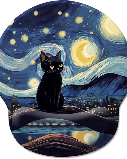 Black Cat Ergonomic Mouse Pad Wrist Support, Starry Night Gel Mouse Pads with Wrist Rest, Cute Computer Mousepad for Desk with Non-Slip PU Base, Comfortable Mouse Pad Office Desk Accessories