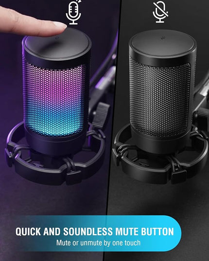 FIFINE Gaming USB Microphone for PC PS5, Condenser Mic with Quick Mute, RGB Indicator, Tripod Stand, Pop Filter, Shock Mount, Gain Control for Streaming Discord Twitch Podcasts Videos- AmpliGame