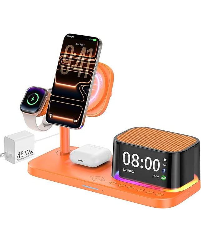 6-in-1 Wireless Charging Station for Multiple Apple Devices with Bluetooth Speakers Alarm Clock Night Light, Qi2.2 Phone Charger Stand for iPhone 17/16/15/14/13/12 Pro Max Apple Watch Airpods