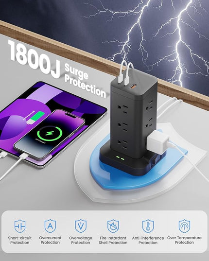 Power Strip Tower with Surge Protector 1800J, Fast Charging Tower PD20W USB-C Ports with 12 AC Outlets, 6ft Extension Cord for Home Office Dorm Room, Black