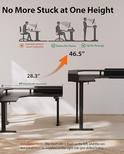 Agilestic L Shaped Standing Desk, Adjustable Height Corner Gaming Desk with Shelf, Sit Stand Up Desk, 63 x 55 Inch Home Office Computer Table, Black