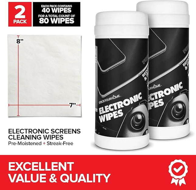 Electronic Screen Cleaner Wipes (80 Count, 2 Pack), Streak Free Pre-Moistened Wipes for Cleaning TVs, Laptops, Phones, Watches, Glasses, Cameras and Computer Screens