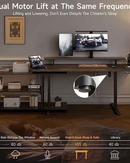 ONBRILL L Shaped Standing Desk with File Cabinet, 55x24'' Electric Stand Up Desk with Monitor and Storage Shelf, Adjustable Height 28-46'' for Home and Computer Workstation, Walnut