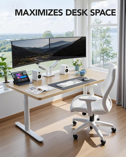 HUANUO Dual Monitor Stand - Full Adjustable Monitor Desk Mount Swivel Vesa Bracket with C Clamp, Grommet Mounting Base for 13 to 32 Inch Computer Screens - Each Arm Holds 4.4 to 19.8lbs - White