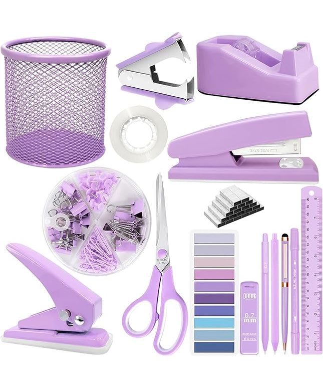 16Pcs Purple Desk Accessories- Purple Office Supplies with Stapler, Tape Dispenser, Pen Holder, Staple Remover, Hole Punch, Paper Clips, Pens, Cute Desk Set for Office Home School Women Students Gift