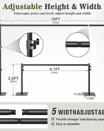Backdrop Stand 6.5x10 ft Adjustable Photo Backdrop Stand Kit, Heavy Duty Pipe and Drape Photography Background Support with Flat Metal Base for Wedding, Party, Video Studio, Birthday, Black