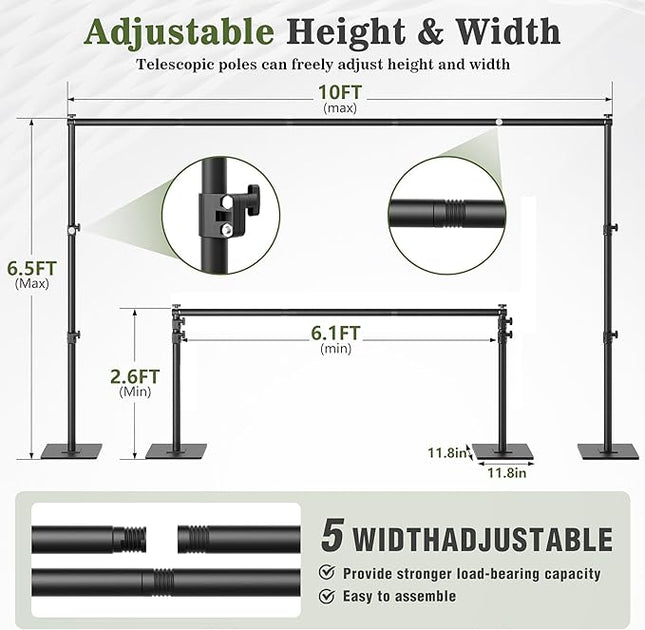 Backdrop Stand 6.5x10 ft Adjustable Photo Backdrop Stand Kit, Heavy Duty Pipe and Drape Photography Background Support with Flat Metal Base for Wedding, Party, Video Studio, Birthday, Black