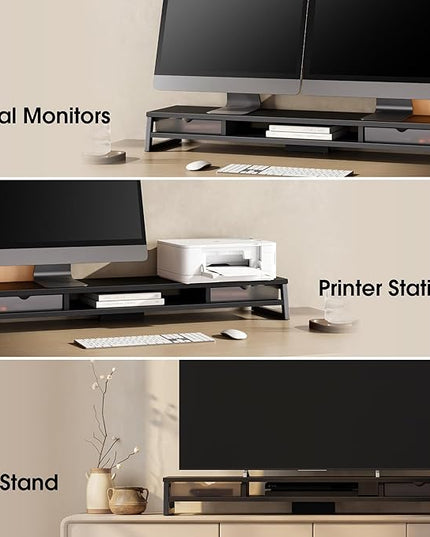 Fenge Dual Monitor Stand, Monitor Riser with Drawer, 42.5 Inch Large Computer Monitor Stand for 2 Monitors, 2 Tier Wooden Desk Shelf for Top of Desk