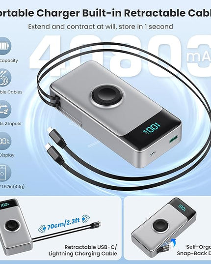 5-in-1 Portable Charger for iPhone,40800mAh Power Bank Built-in Retractable Cable and iWatch Charger,25W PD QC4.0 Fast Charging Battery Pack,Travel Essential Phone Charger for iPhone 17/16/15,Android
