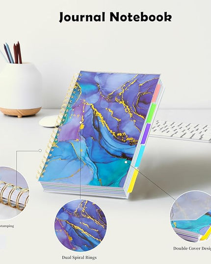 5 Subject Notebook College Ruled, A5 Spiral Notebook with Removable Pocket Dividers Tabs, Lined Organizer Notebook Journal for Women, 240 Pages Notebooks for Work School Note Taking, Purple Marble
