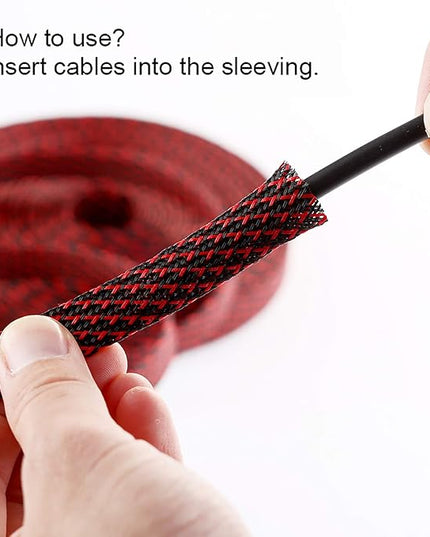 25ft - 1/4 inch PET Expandable Braided Sleeving – BlackRed – Alex Tech Braided Cable Sleeve