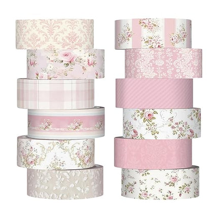 YooNotee 12 Rolls Watercolor Floral Washi Tape Set 15 mm Vintage Flower Decorative Masking Tape for Arts DIY Craft Scrapbook Envelope Party Supplies Gift Wrapping(Pastel Pink,Tea Party)