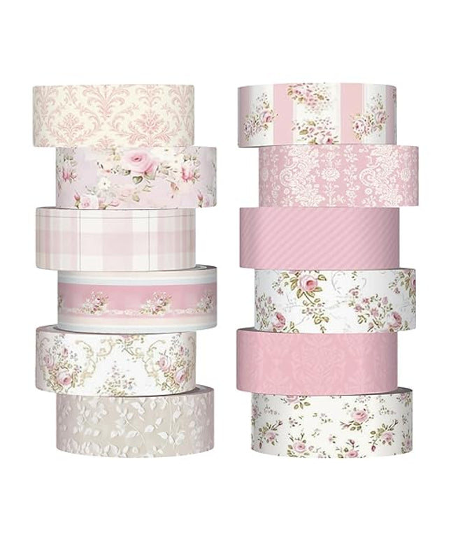 YooNotee 12 Rolls Watercolor Floral Washi Tape Set 15 mm Vintage Flower Decorative Masking Tape for Arts DIY Craft Scrapbook Envelope Party Supplies Gift Wrapping(Pastel Pink,Tea Party)