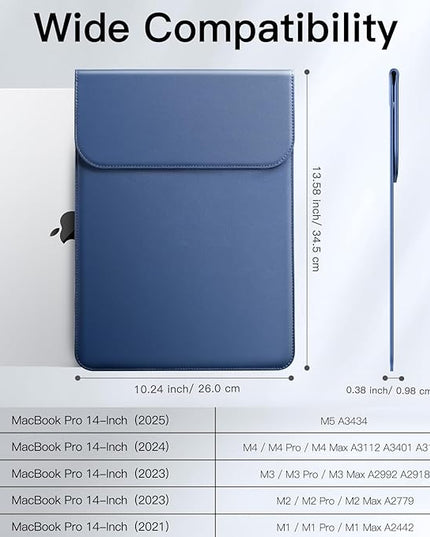 JETech Slim Laptop Sleeve for MacBook Pro 14-Inch(M5/M4/M3/M2/M1, 2021-2025), PU Leather Case with Magnetic Closure (Navy)