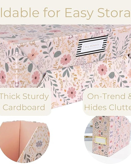 BLU MONACO Foldable Magazine File Set of 4 with Floral Boho Design – Decorative Cardboard Magazine Organizer for Home, Office & Dorm Room – Artistic Magazine Storage Solution