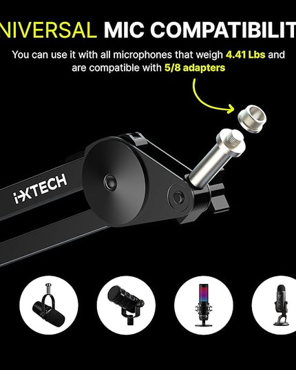 IXTECH Microphone Boom Arm Stand, Heavy Duty Adjustable Mic Stand with Cable Ties, Desk Mount Arm Stand for Gaming Streaming Podcasting.